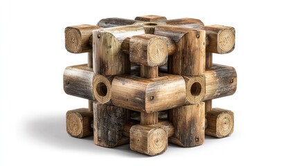 Intricate Wooden Block Sculpture: A meticulously crafted wooden block sculpture, showcasing a unique design with interlocking pieces and the natural beauty of the wood's grain and texture. 