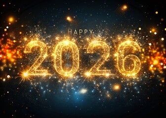 Bright golden 2026 numbers sparkle against dark cosmic background