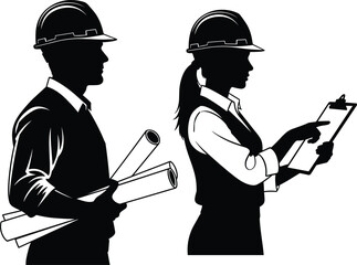 Silhouettes of male and female architects or engineers wearing hard hats, holding blueprints and a clipboard for construction planning.