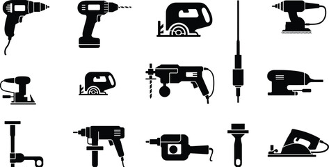 Silhouettes of various electric power tools used in construction, carpentry, and home improvement, including drills, saws, and sanders.