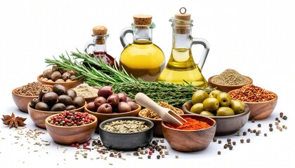 Artfully Arranged Gourmet Fresh Herbs Rustic Spices Olives Nuts Seeds Olive Oil in Wooden Copper Bowls Soft Light