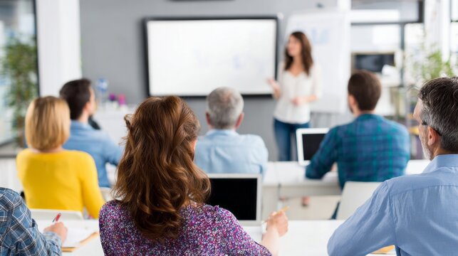 Diverse group of business people attending a seminar or training session with a woman presenting