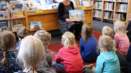 Children attentively listening to teacher reading a storybook during group education session at a library