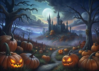 Spooky haunted castle and jack o lanterns under a full moon