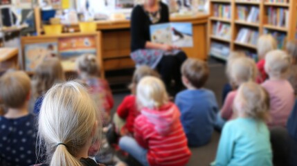 Teacher reading storybook to young children sitting on floor during early education lesson in classroom