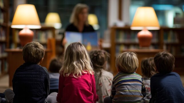 Young children engaged in a storytelling session with a teacher reading a book in a library setting