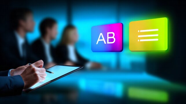 Business professionals analyzing data and conducting ab testing during a meeting using a modern digital tablet interface