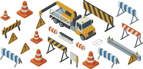 Isometric construction barriers, traffic cones, warning signs, road safety equipment, industrial barricades, work zone elements, vector illustration set