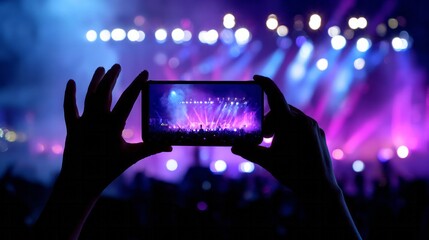 Hands holding smartphone recording vibrant concert stage with lights and silhouettes of cheering crowd during live music festival