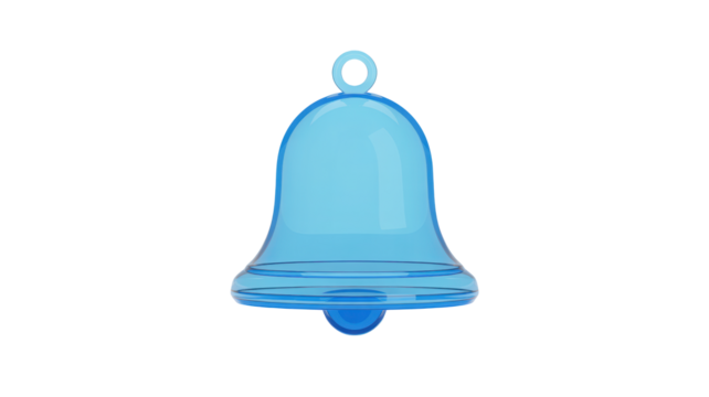 A single translucent blue glass bell with a loop for hanging isolated on transparent background