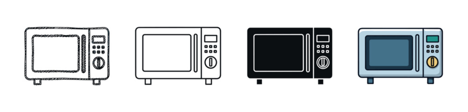 Microwave oven icon set with four different styles including hand drawn sketch, line art, solid black silhouette, and colorful cartoon vector illustration for graphic design
