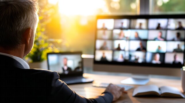 Mature businessman attending online video conference at home office, collaborating with remote team