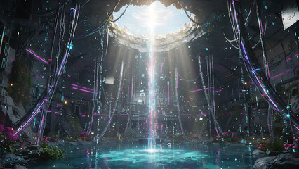 A digital landscape filled with holographic elements, glowing data streams, and futuristic design. Perfect for projects related to digital innovation, AI, and the future of technology