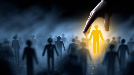 Human resources selecting a special luminous candidate from the crowd, recognizing unique talent for career success