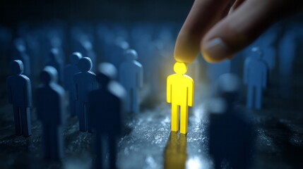 Hand selecting a unique yellow human figure from a crowd of blue figures, highlighting individuality and talent recruitment