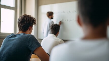 Students in classroom learning from teacher writing on whiteboard, focusing on education and knowledge acquisition