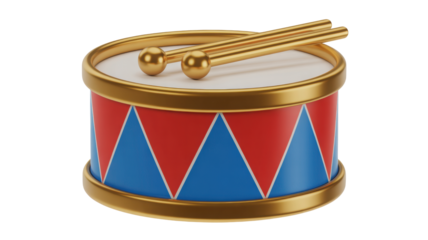 Close up of a vintage toy drum with drumsticks resting on top decorated in red and blue geometric patterns isolated on transparent background