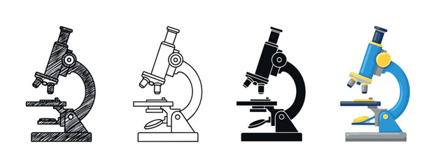 Set of four microscope illustrations showing different artistic styles, including a hand-drawn sketch, a simple outline, a black silhouette, and a colorful cartoon vector graphic