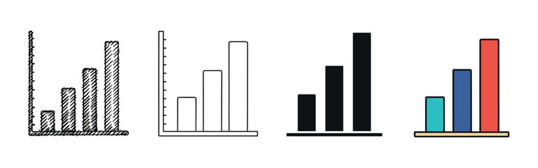 Four bar graph icon variations for data visualization, featuring a collection of styles from sketchy doodle and simple outline to bold silhouette and modern colorful flat design