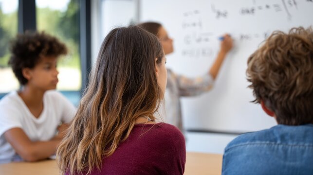 Students in classroom learning math from teacher writing equations on whiteboard during lesson - Powered by Adobe