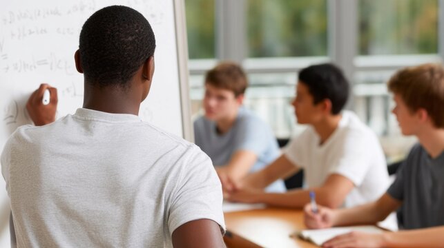 Student writing equations on whiteboard during a math lesson, classmates listening and learning in classroom