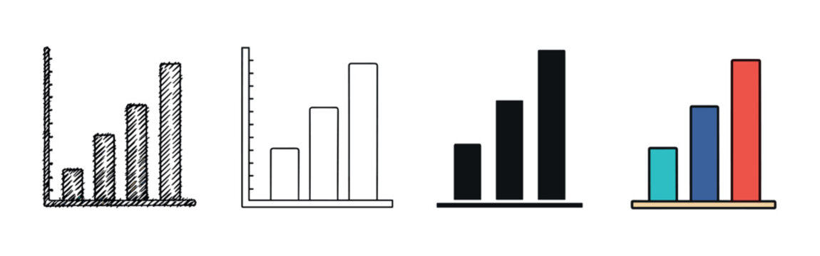 Four bar graph icon variations for data visualization, featuring a collection of styles from sketchy doodle and simple outline to bold silhouette and modern colorful flat design