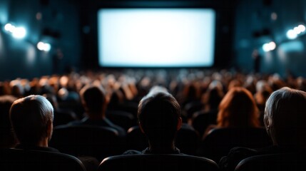Audience watching a movie in a dark cinema theater with a blank screen, people enjoying film entertainment