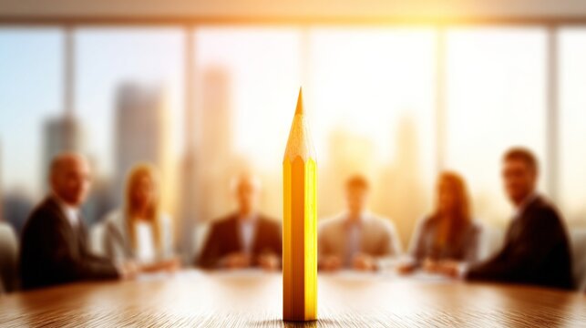 Yellow pencil standing out on a conference table, symbolizing new ideas and creative leadership in a corporate meeting setting