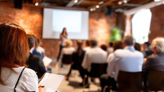 Audience learning during business presentation, speaker on stage with blank screen, professionals at conference seminar