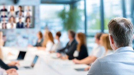 Business team holding hybrid meeting in modern office boardroom, employees joining remotely on video conference screen