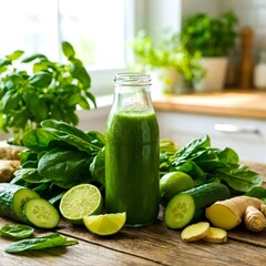 Detox green juice bottle with fresh ingredients, clean health lifestyle concept, vibrant natural colors.