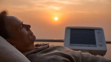 Elderly man resting peacefully in bed watching the sunset with a medical monitor nearby