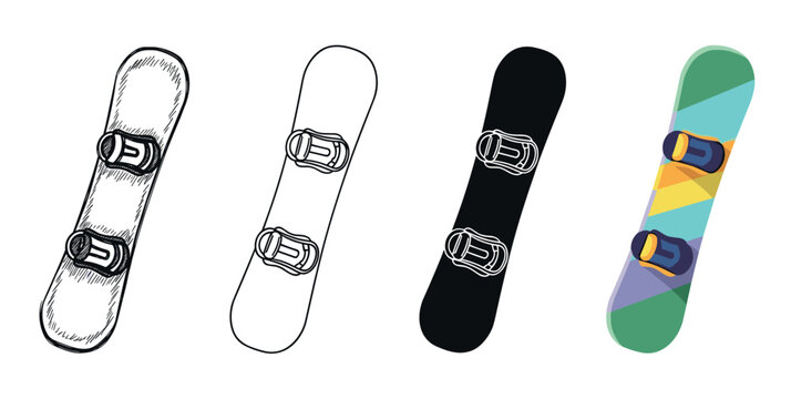 Set of four snowboards in different illustrative styles including sketch, outline, silhouette, and colorful flat design for winter sports and recreation concepts