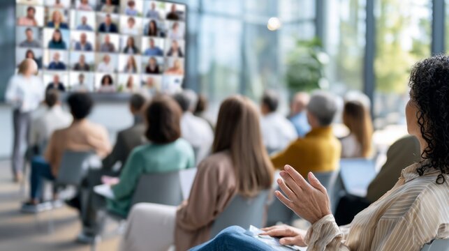 People attending hybrid business presentation, joining conference with online remote video call participants on large screen