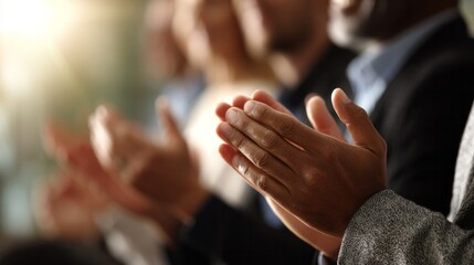 Diverse audience hands clapping, celebrating success and recognition at public event or business presentation