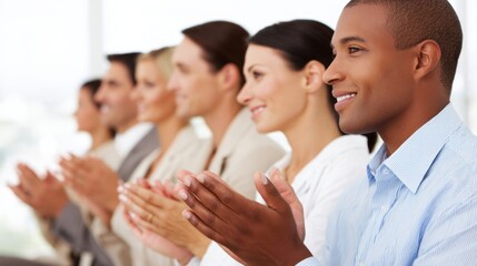 Diverse business professionals applauding during a conference, showing engaged audience appreciation and event success