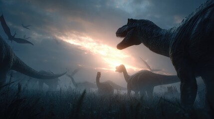 Dawn Battle of Tyrannosaurus Rex Dinosaurs with Flying Pterodactyls in Misty Sunset Landscape