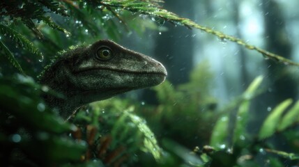 Close-up of a Green Dinosaur in Dense Jungle with Rain and Sunlight Filtering Through Leaves