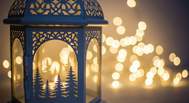Decorative Lantern with Festive Bokeh Lights and Winter Forest Design 149 Characters