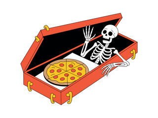 A skeleton waves hello from an open coffin next to a pepperoni pizza.