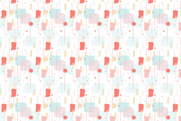 Abstract seamless pattern with colorful geometric shapes in pastel pink, blue, and yellow on a white background. Modern and playful design.