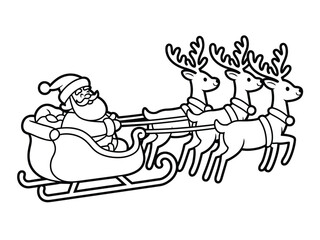 Fototapeta premium Line drawing of santa claus in a sleigh pulled by three reindeer on white background