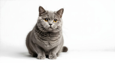 Fototapeta premium British Shorthair Gray Cat with Amber Eyes Sitting in Studio on Clean White Background – High-Detail Pet Portrait