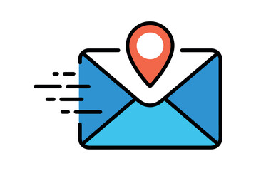 An illustration of a blue envelope with a location pin and speed lines.