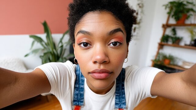 Young black woman filming herself for a social media vlog, capturing a close up selfie in her apartment