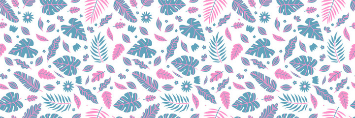 Tropical floral seamless pattern with exotic leaves and flowers. Seamless jungle design for fabric, wallpaper. Vibrant botanical illustration with palm foliage, perfect summer print. Vector background
