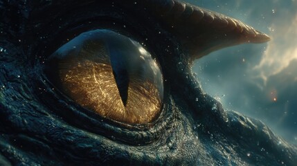 Close-up of a mythical dragon's detailed eye with fiery reflections and textured scaly skin