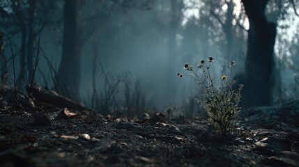 Small wildflower growing in a dark misty forest with tall trees and foggy atmosphere