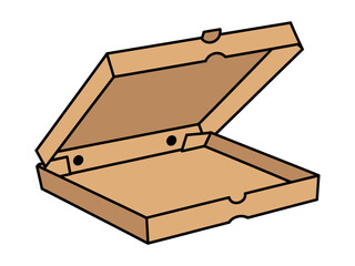 An open cardboard pizza box sits on a white background.