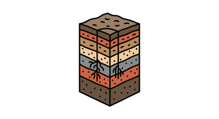 Obraz premium An isometric illustration of a cutaway cube showing layers of different colored soil and rock formations on a white background.